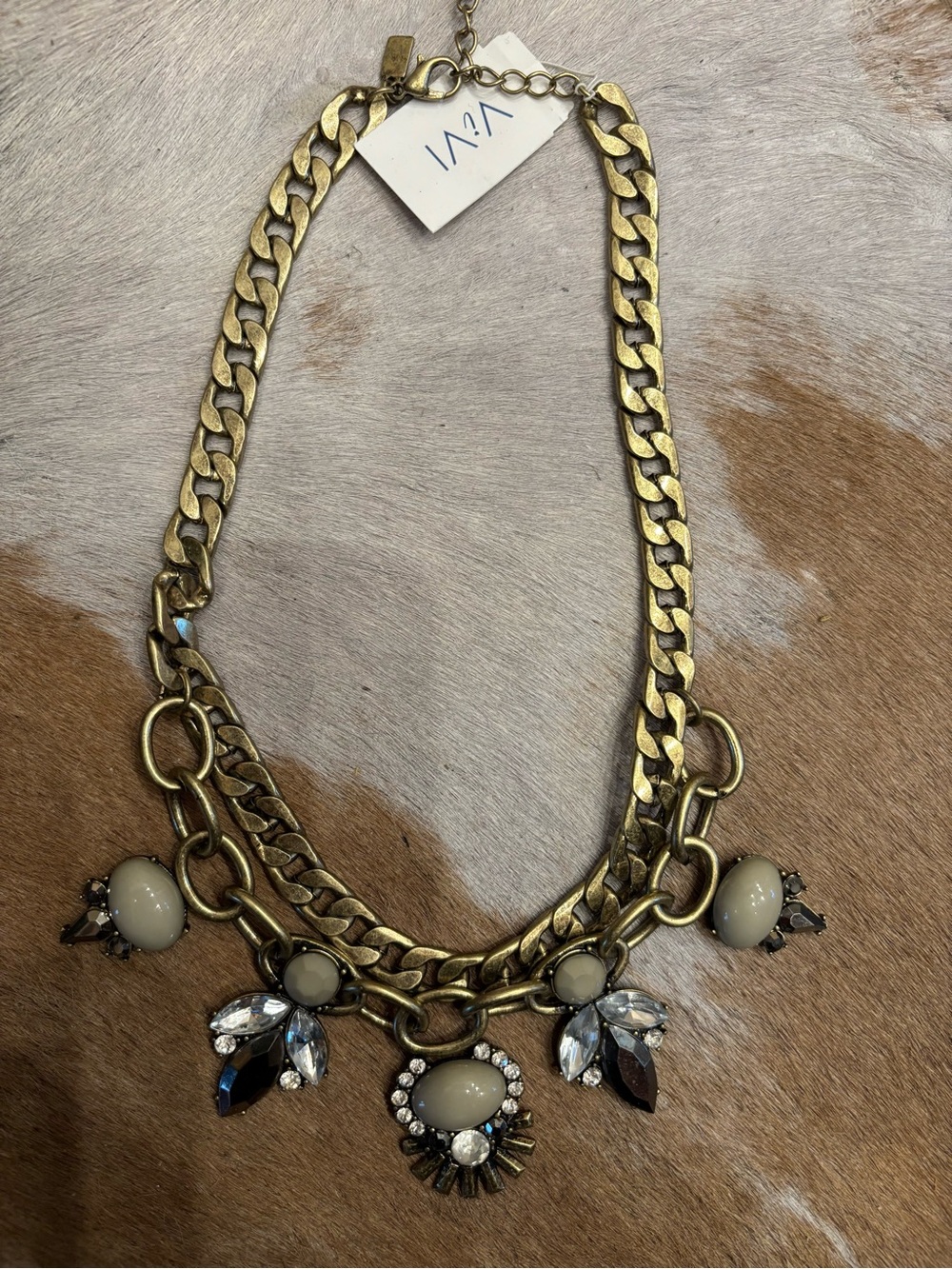 ViVI Taupe and Gold Statement Necklace with Crystal Accents - Picture 4 of 6
